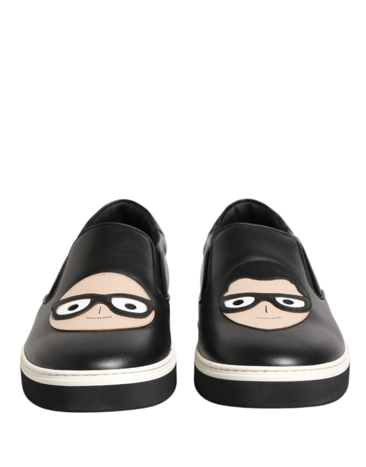 Dolce & Gabbana Black Leather Signature Figures Sneakers Shoes