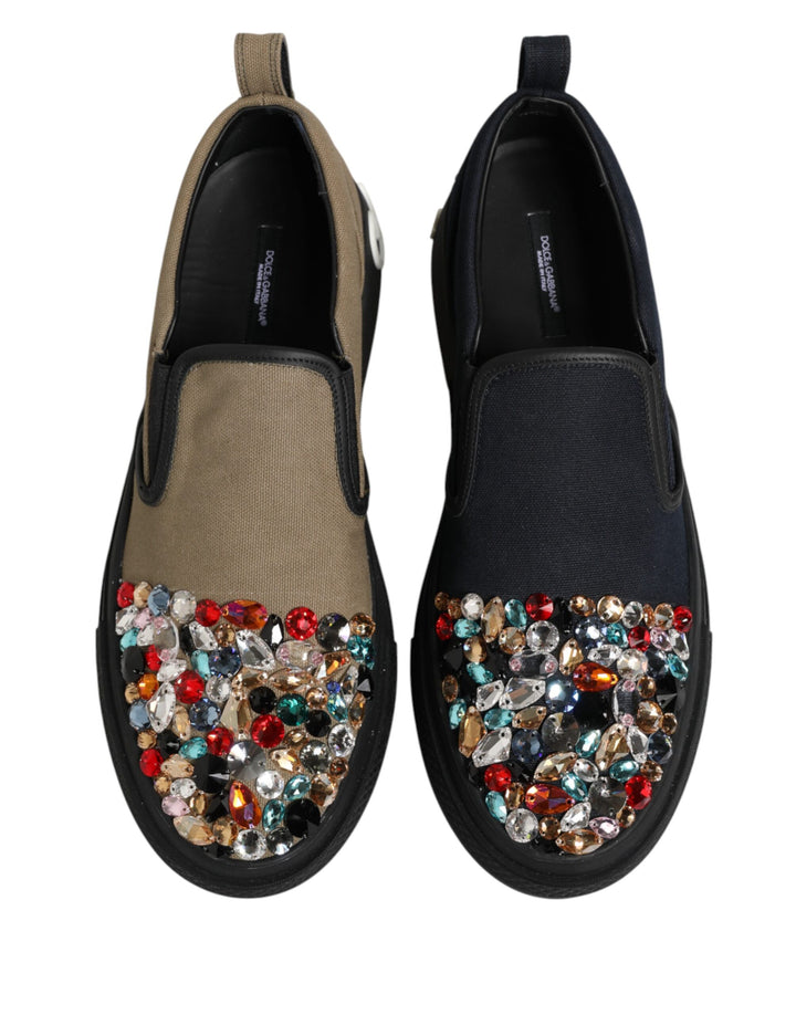 Dolce & Gabbana Blue Canvas Embellished Slip On Men Sneakers Shoes