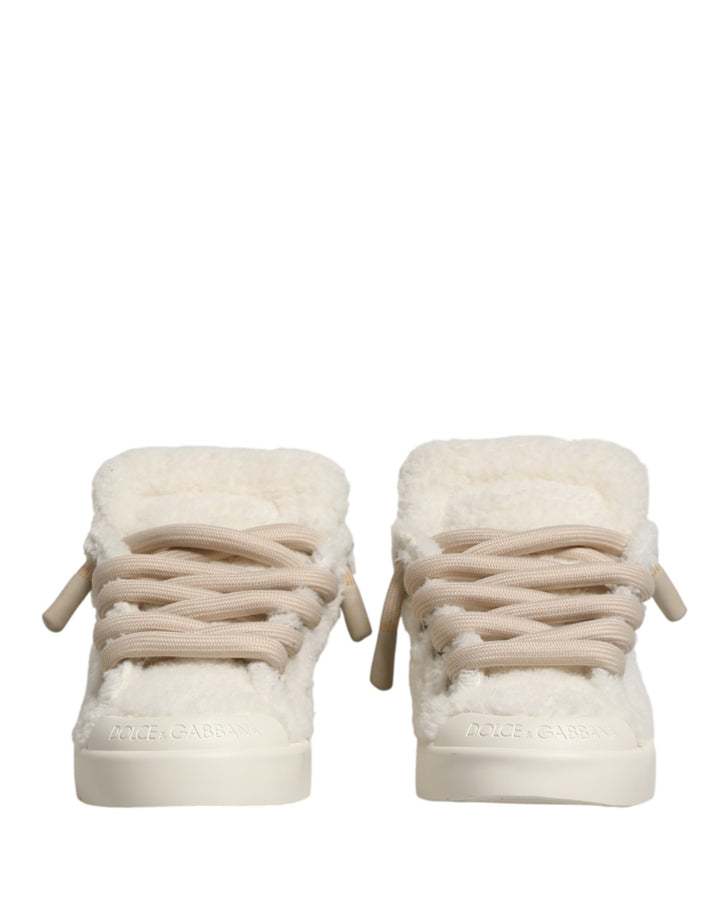 Dolce & Gabbana White Faux Shearling Low Top Sneakers  Shoes