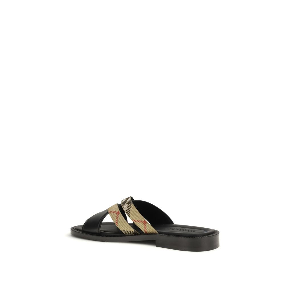 Burberry Black Calf Leather Bos Taurus Flat Sandals