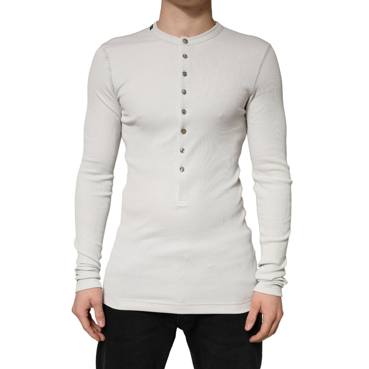 Dolce & Gabbana Gray Ribbed Cotton Long Sleeve Henley  Sweater
