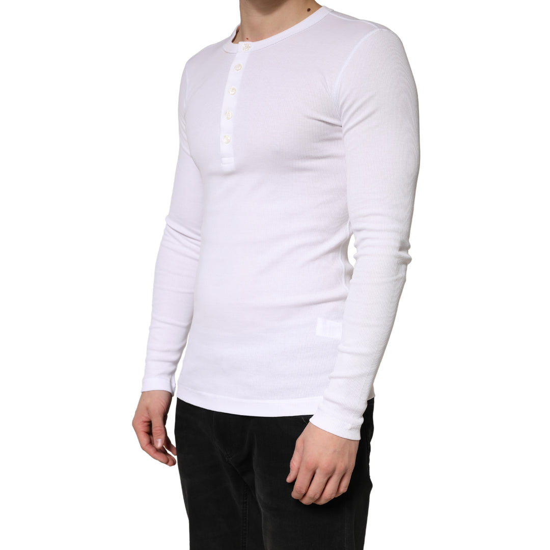 Dolce & Gabbana White Ribbed Cotton Long Sleeve Henley Sweater