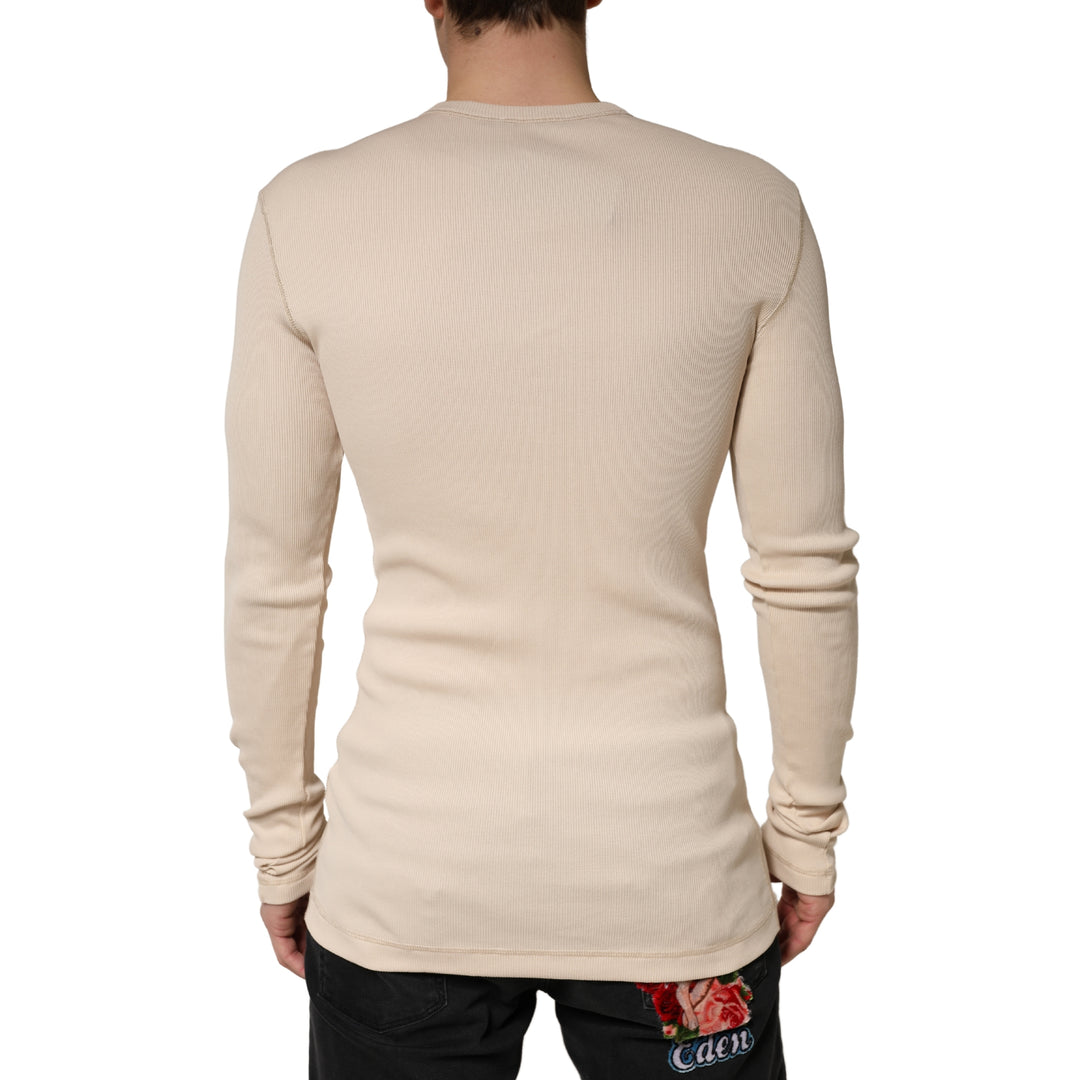 Dolce & Gabbana Beige Ribbed Cotton Long Sleeve Henley Sweater