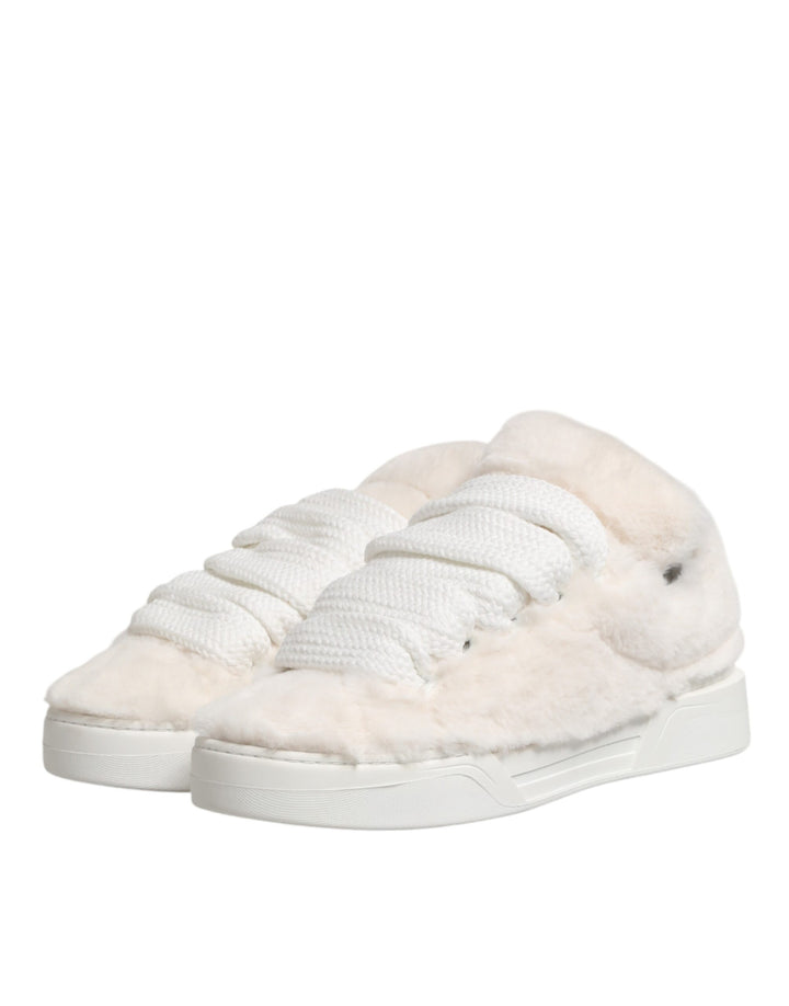Dolce & Gabbana White Shearling Fur Bianco Low Top Sneakers Shoes