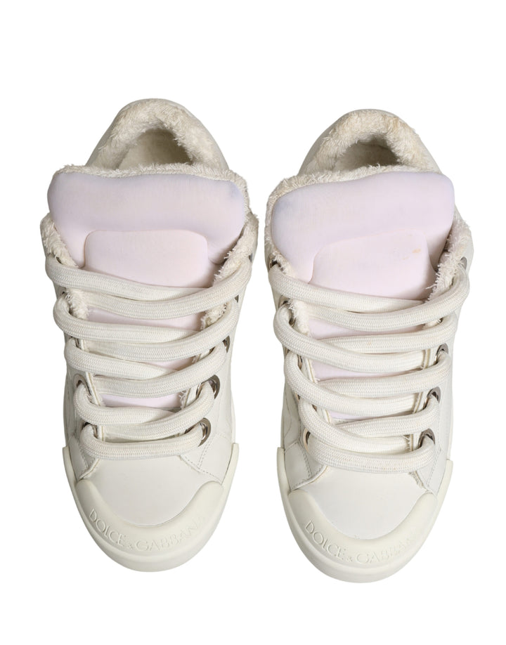 Dolce & Gabbana White Shearling Fur Bianco Low Top Sneakers Shoes
