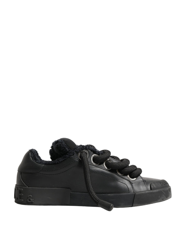 Dolce & Gabbana Black Calf Leather Nappa Lace-Up Sneakers Shoes