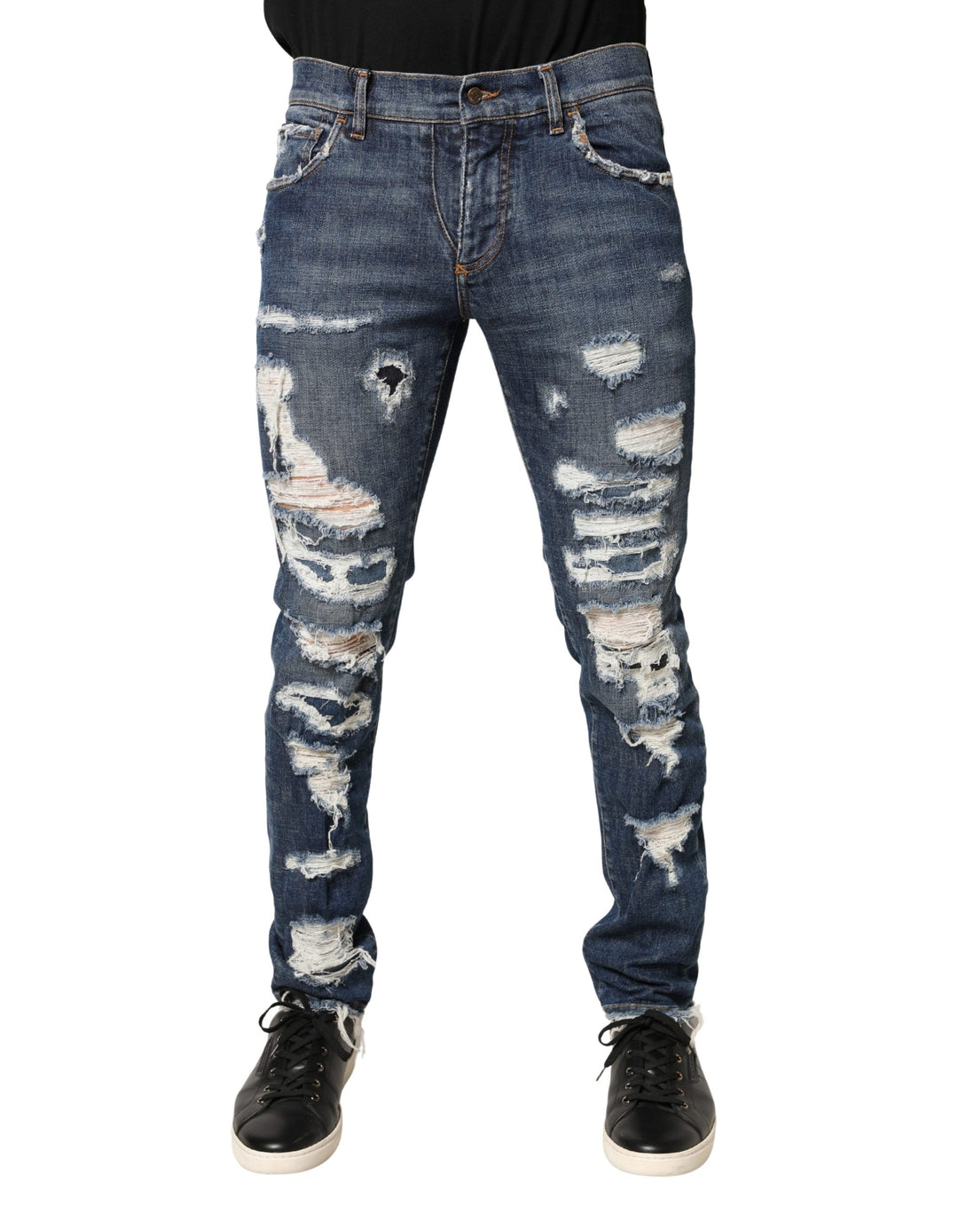 Dolce & Gabbana Blue Distressed Skinny Men Cotton Denim Jeans