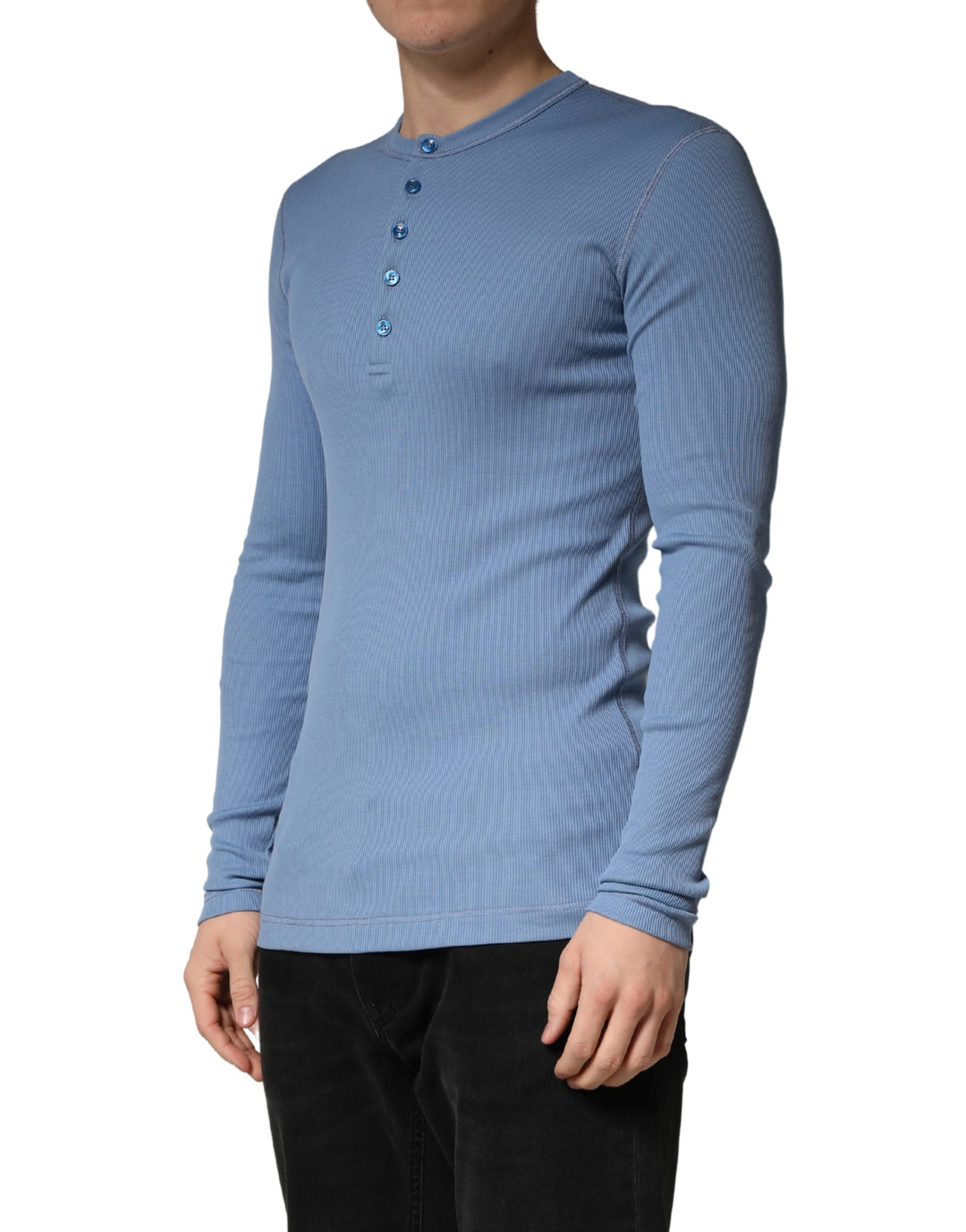 Dolce & Gabbana Blue Cotton Buttoned Henley Pullover Sweater