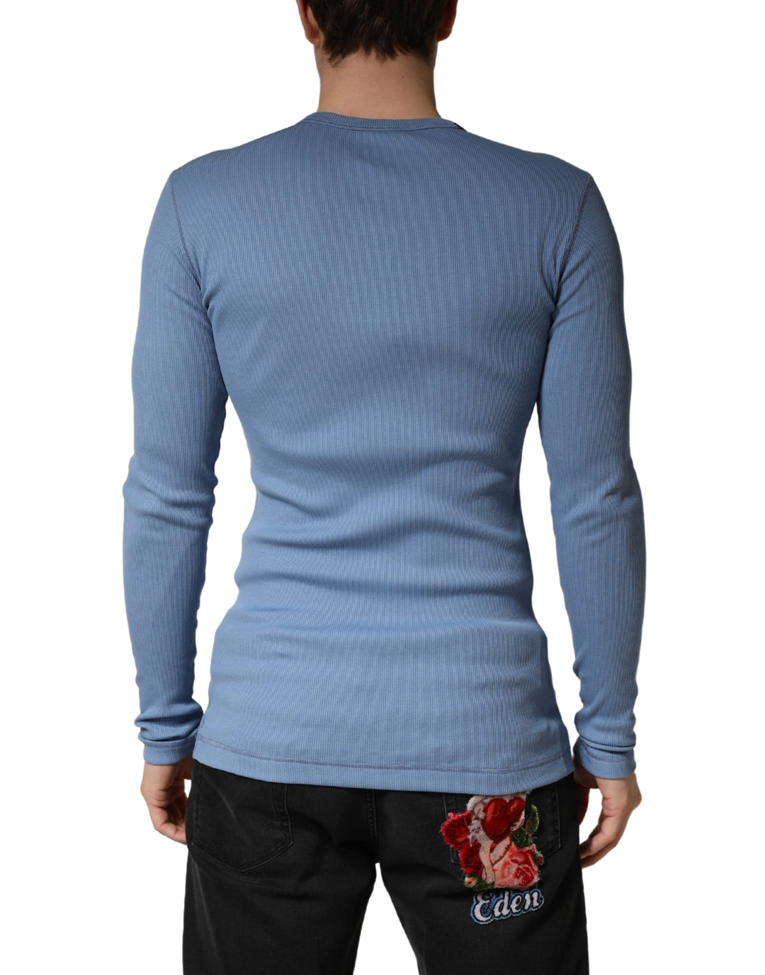 Dolce & Gabbana Blue Cotton Buttoned Henley Pullover Sweater