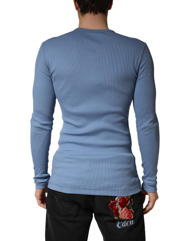 Dolce & Gabbana Blue Cotton Buttoned Henley Pullover Sweater