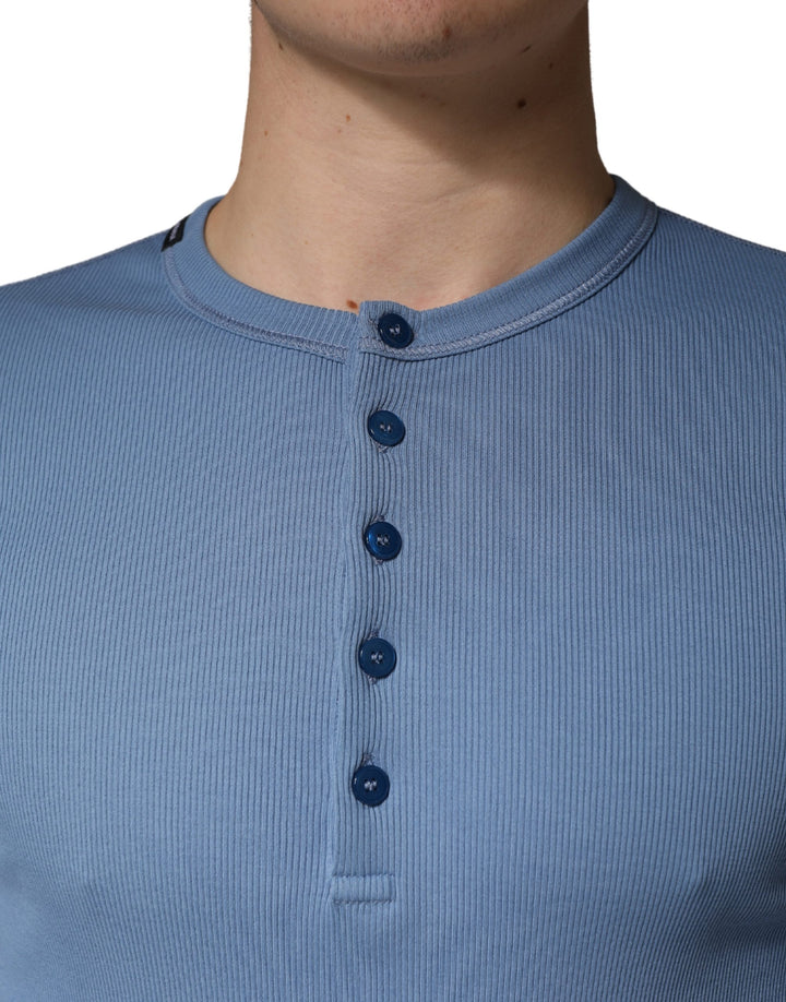 Dolce & Gabbana Blue Cotton Buttoned Henley Pullover Sweater