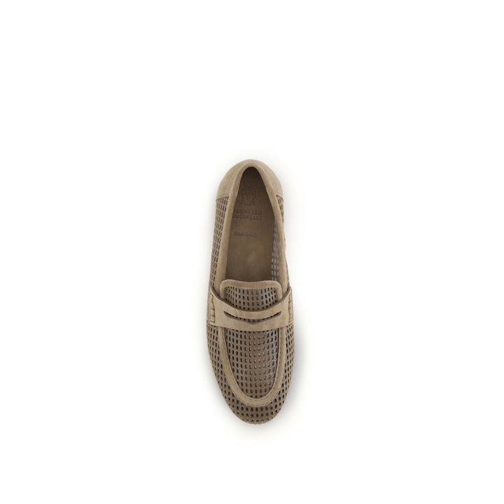 Brunello Cucinelli Beige Calf Leather Bos Taurus Slip-On Loafers