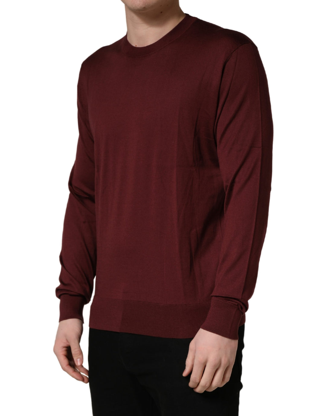 Dolce & Gabbana Maroon Silk Men Crew Neck Pullover Sweater