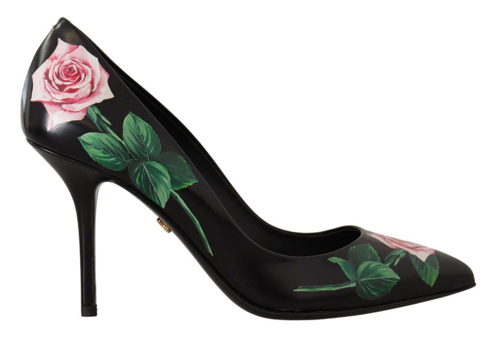 Dolce & Gabbana Black Leather Roses High Heels Pumps Shoes