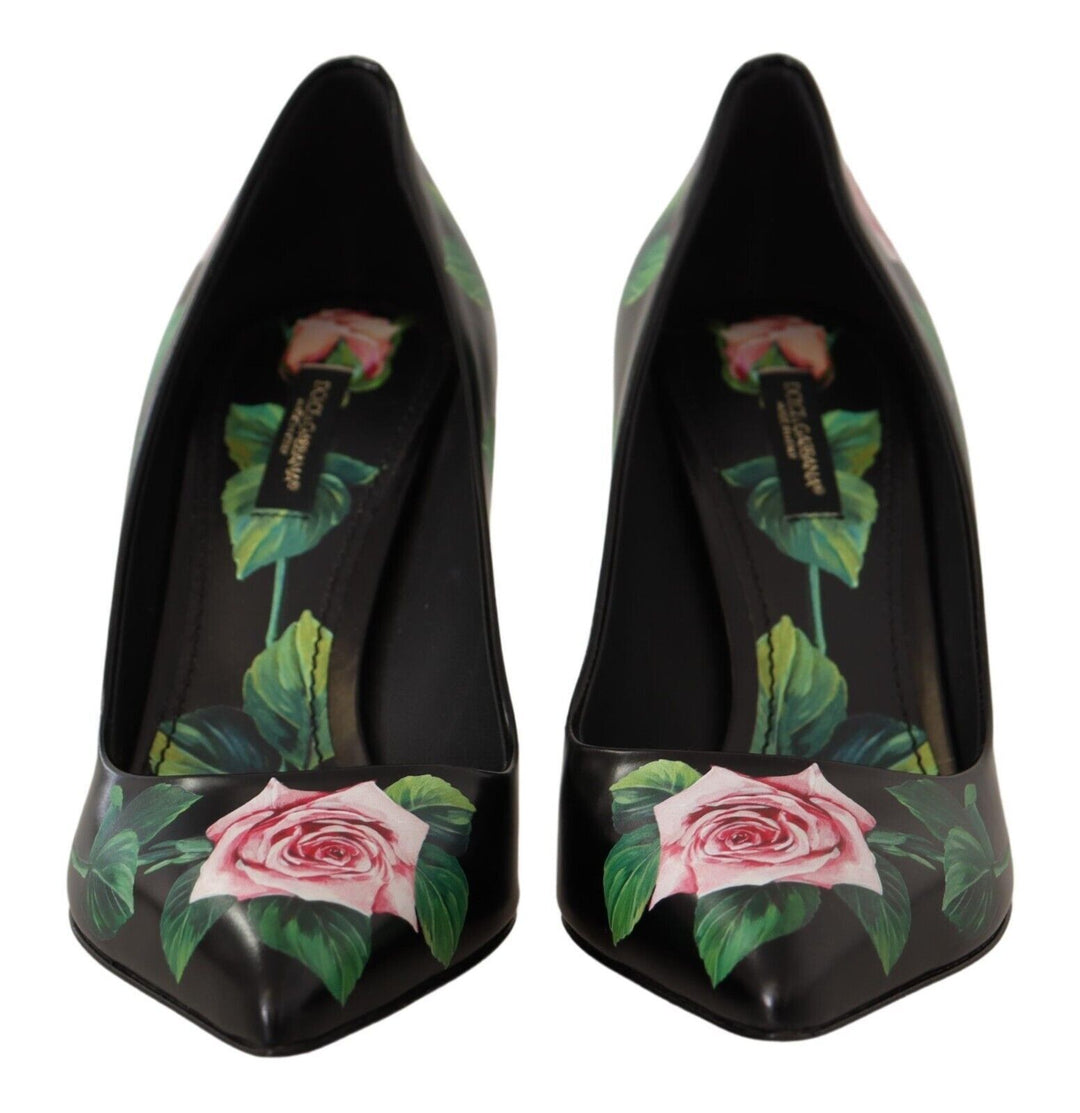 Dolce & Gabbana Black Leather Roses High Heels Pumps Shoes