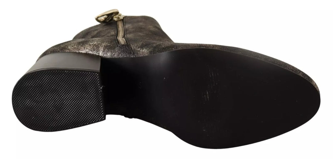 MY TWIN Black Leather Block Heels Ankle Boots Zipper Shoes