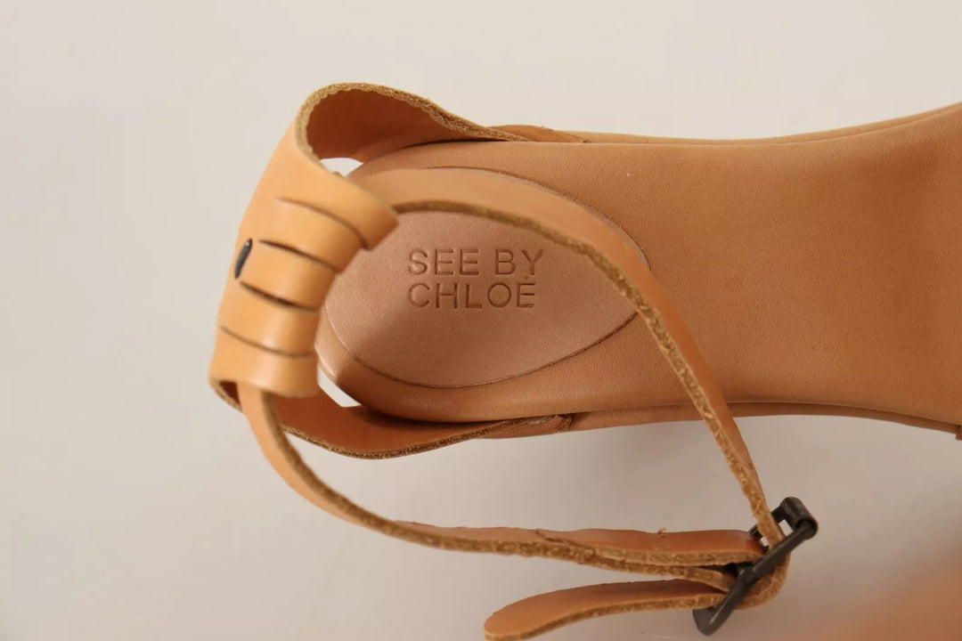 See By Chloé Brown Leather Studded Ankle Strap Sandals Shoes