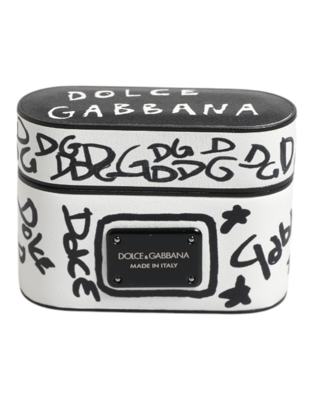 Dolce & Gabbana Black White Leather Scribble Embossed Logo Airpods Case