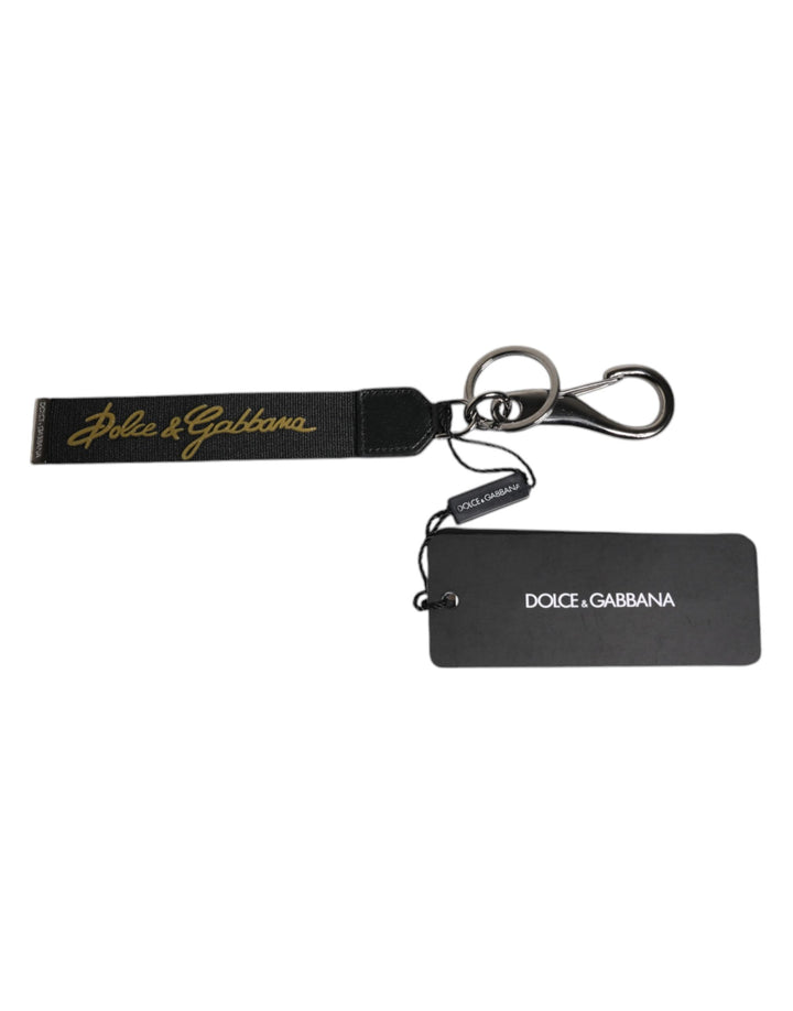 Dolce & Gabbana Black Logo Nylon Silver Brass Men Holder Keychain Keyring