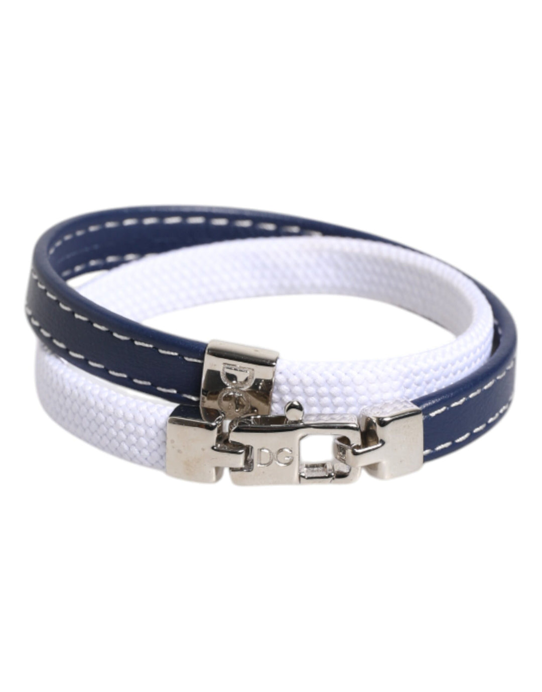 Dolce & Gabbana Blue White Leather Trimmed DG Engraved Silver Tone Clasp Bracelet