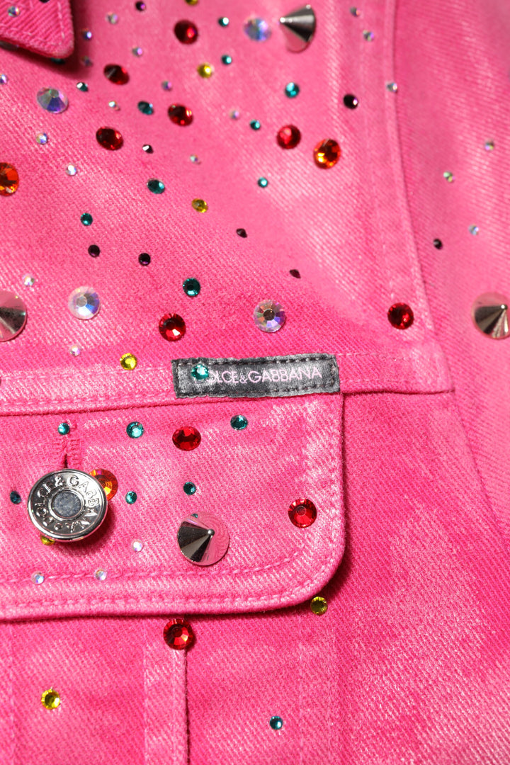 Dolce & Gabbana Pink Crystal Embellished Cotton Denim Jacket