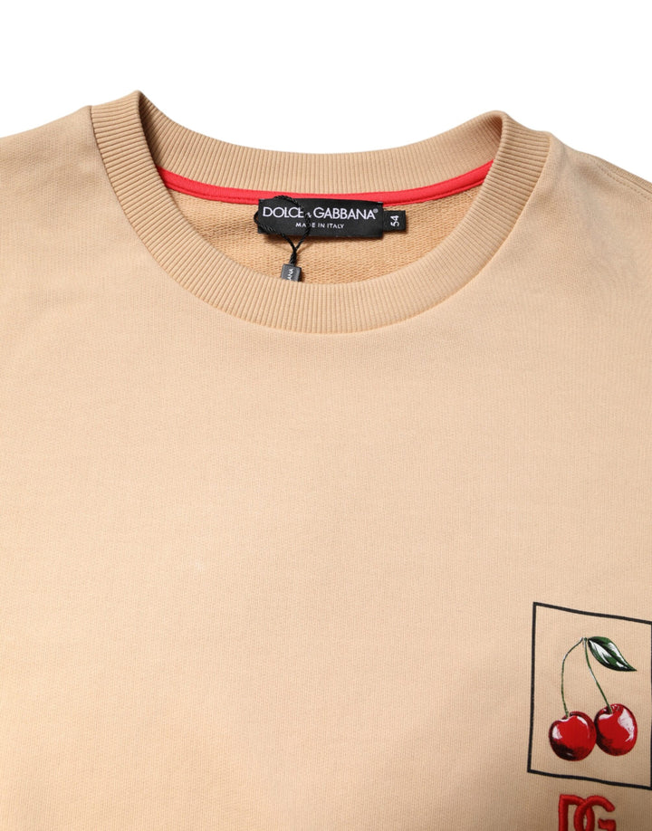 Dolce & Gabbana Beige Cherry Print Crew Neck Pullover Sweater