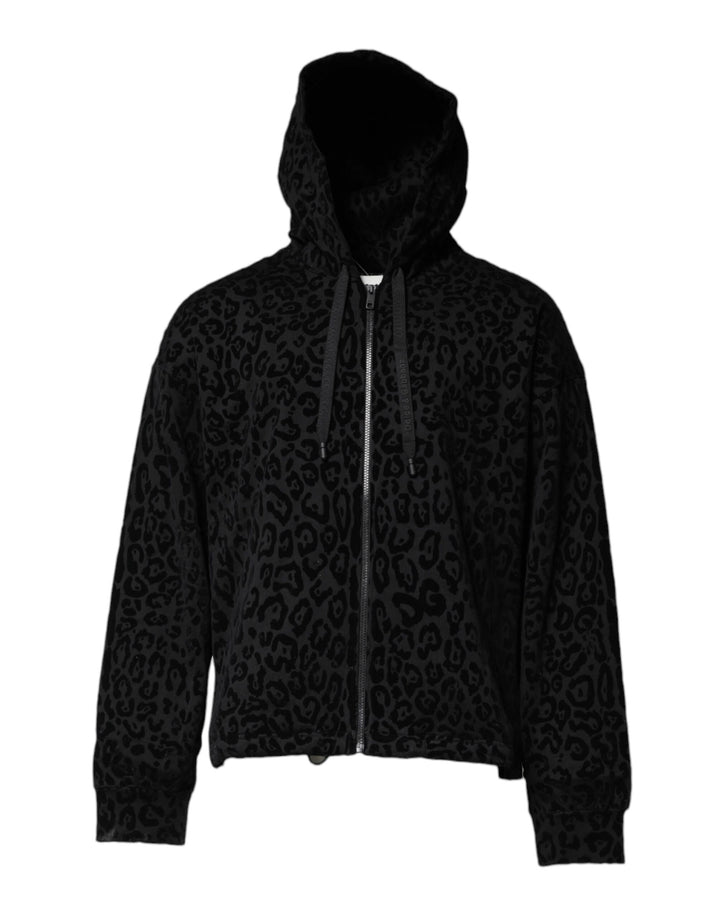 Dolce & Gabbana Black Leopard Full Zip Hooded Sweatshirt Sweater