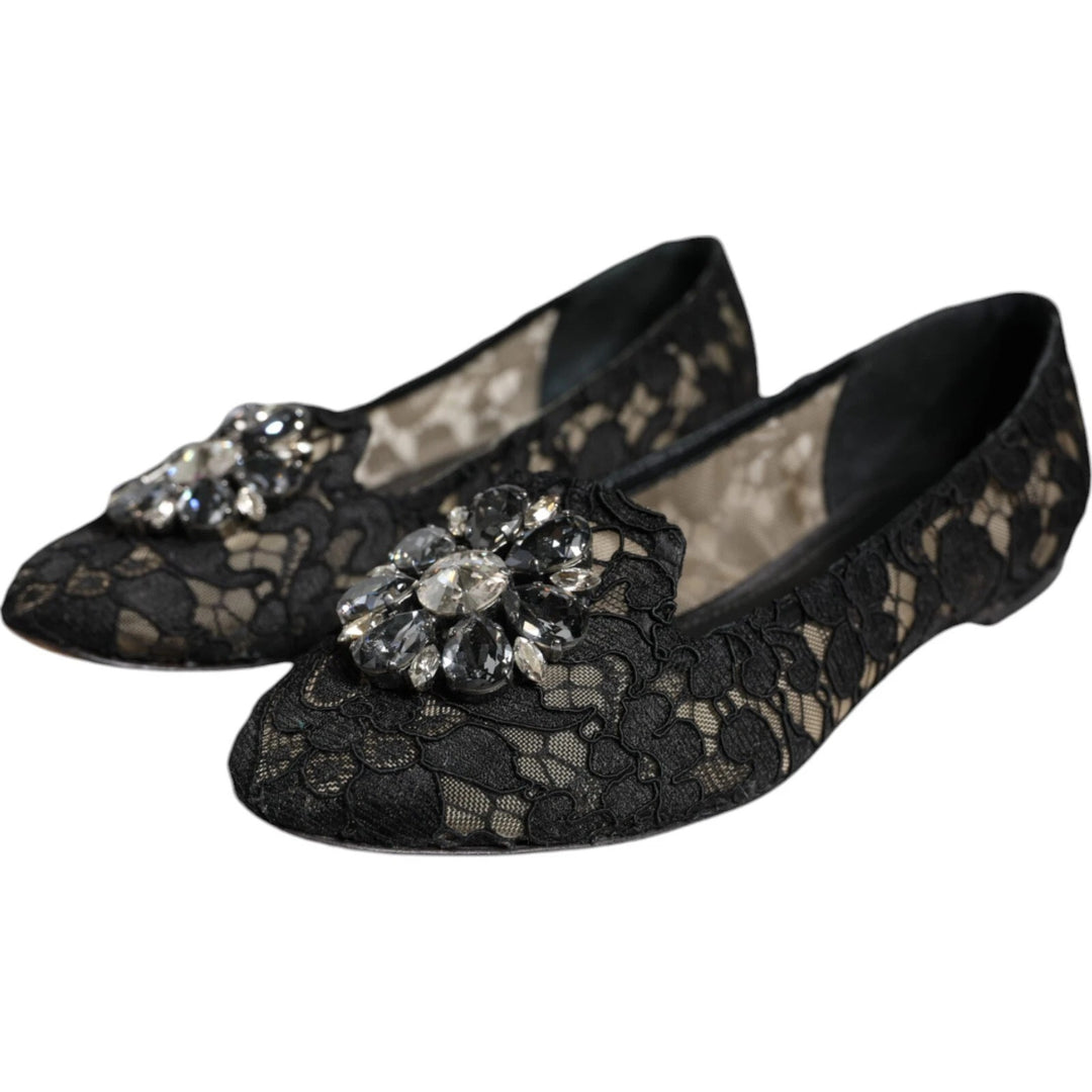 Dolce & Gabbana Black Lace Crystal Ballet Flats Loafer Shoes