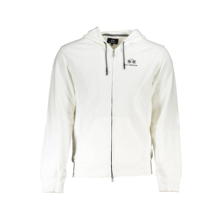La Martina White Cotton Men Sweater with Hood and Zip Pockets