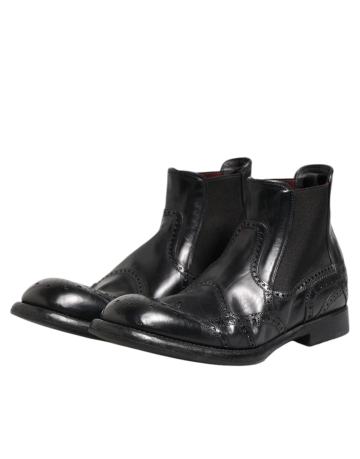 Dolce & Gabbana Black Leather Ankle Boots Slip On Shoes