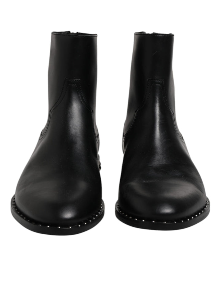 Dolce & Gabbana Black Leather Logo Ankle Boots Studded Shoes