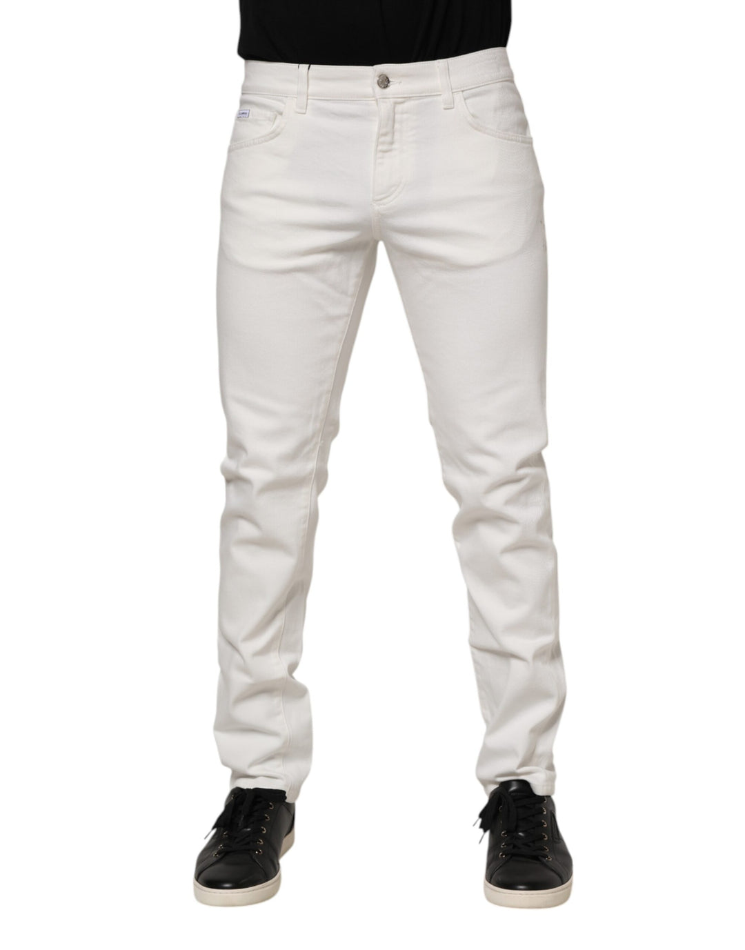 Dolce & Gabbana White Cotton Logo Plaque Slim Fit Denim Jeans