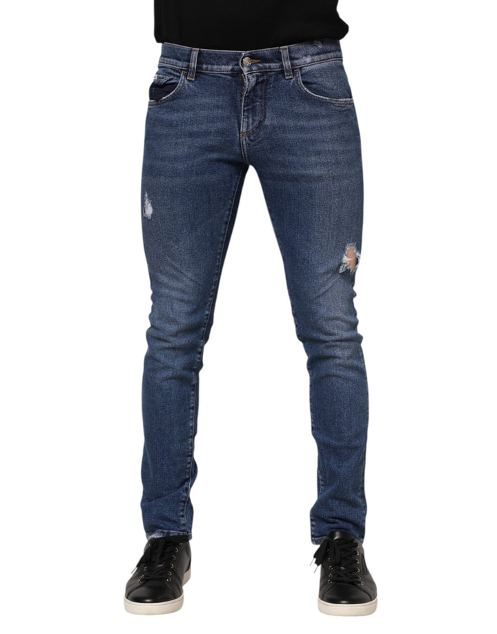 Dolce & Gabbana Blue Washed Skinny Cotton Tattered Denim Jeans