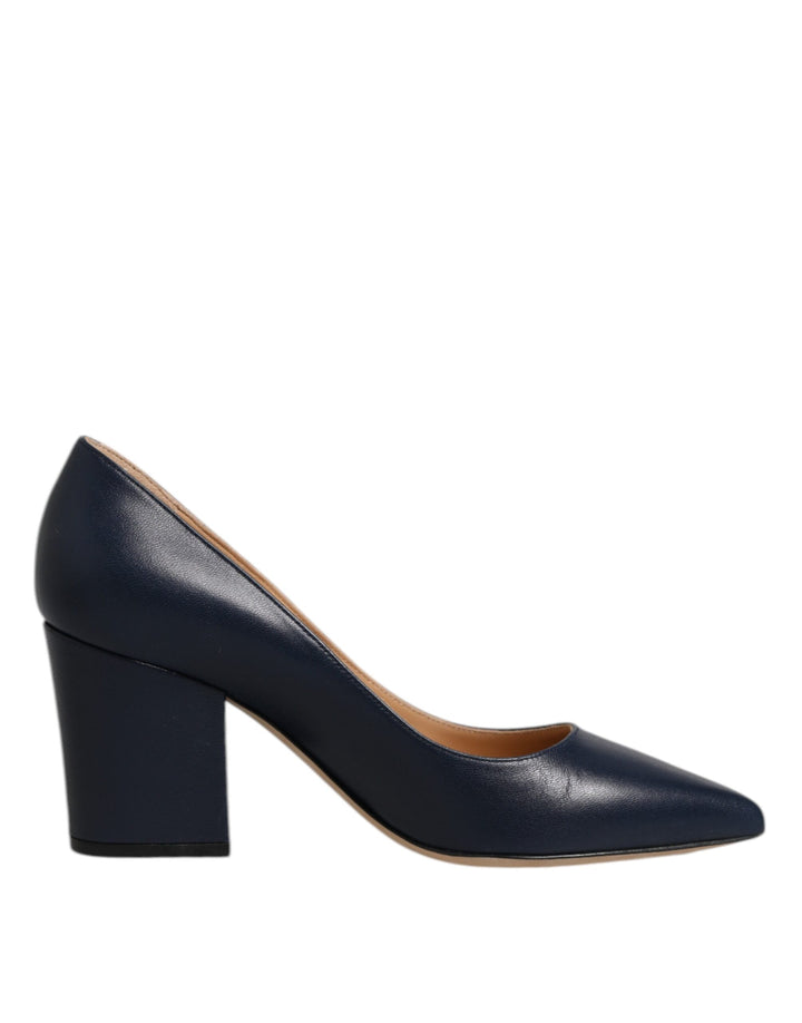Sergio Rossi Blue Leather Pointed Toe Block Heels Shoes