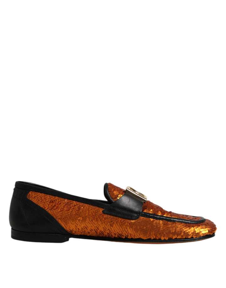 Dolce & Gabbana Orange Sequin Embellished Men Loafers Shoes