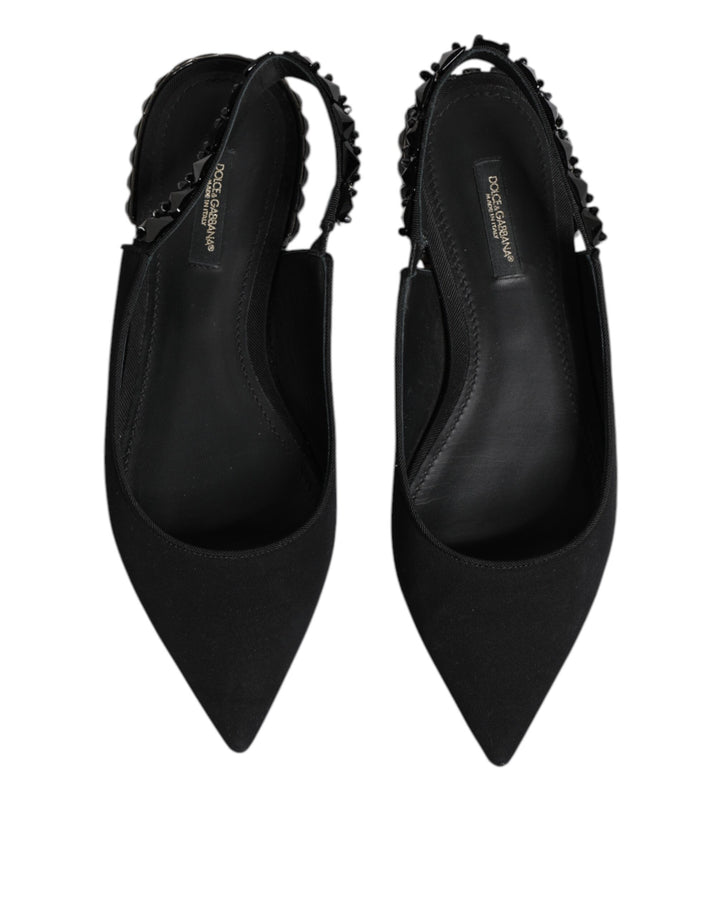 Dolce & Gabbana Black Crystal Charmeuse Slingback Shoes