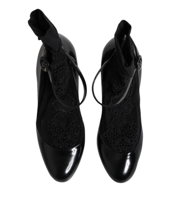 Dolce & Gabbana Black Leather Lace Socks Heels Pumps Shoes