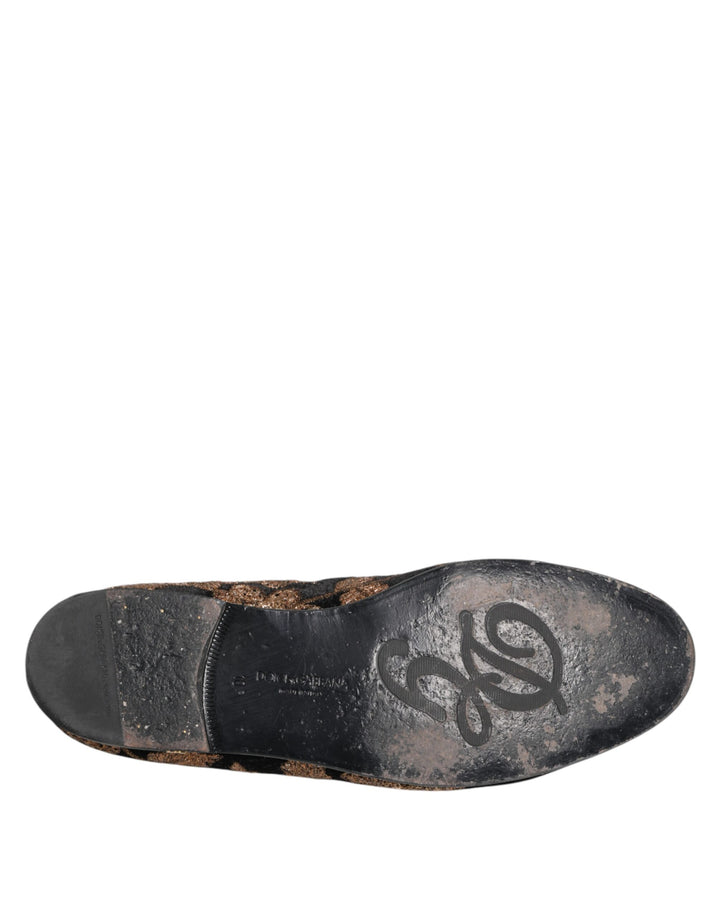 Dolce & Gabbana Black Floral Embroidery Men Loafers Shoes