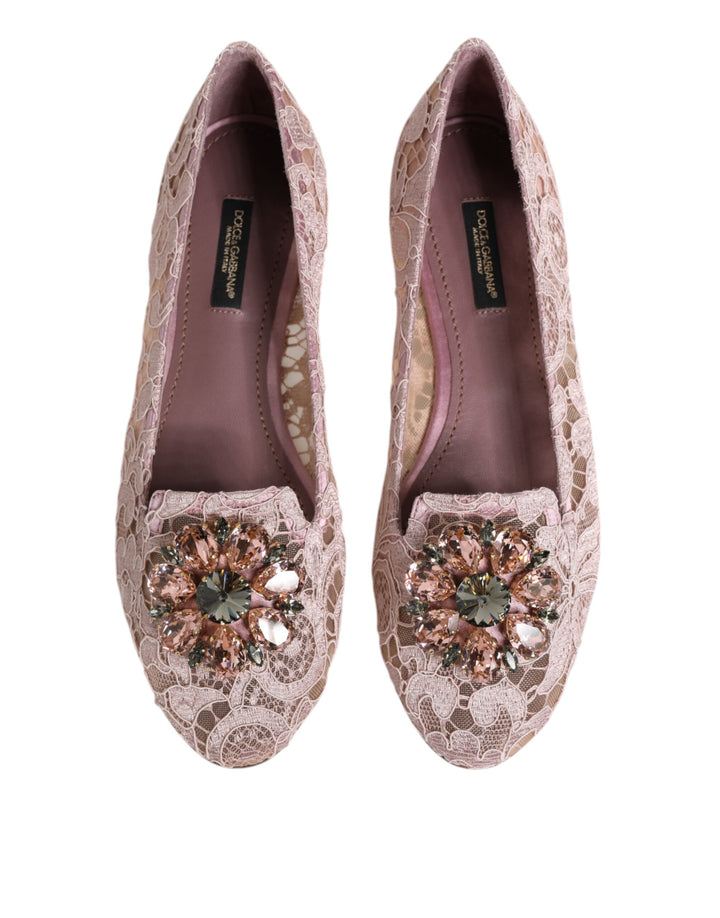 Dolce & Gabbana Pink Taormina Lace Crystals Flats Shoes