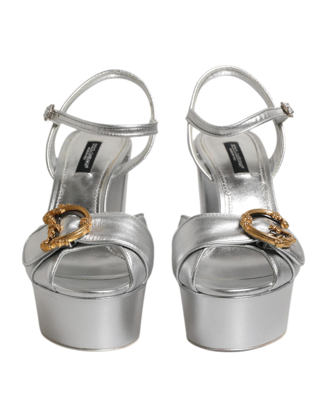 Dolce & Gabbana Silver Logo Ankle Strap Heels Sandals Shoes