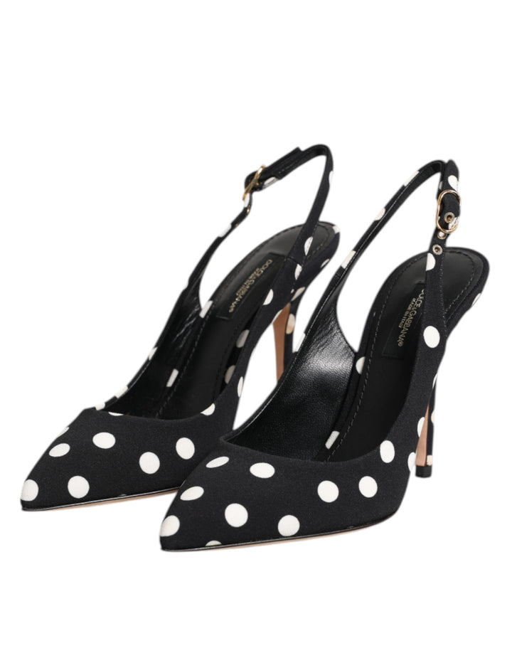 Dolce & Gabbana Black White Dotted Stiletto Slingback Shoes