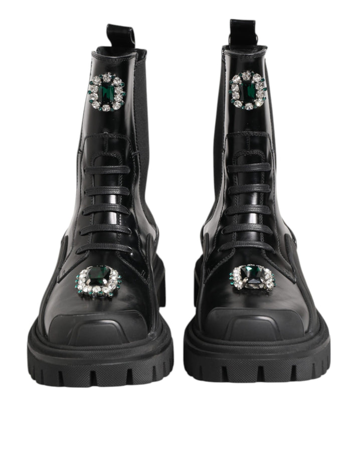 Dolce & Gabbana Black Crystal Embellished Combat Boots Shoes