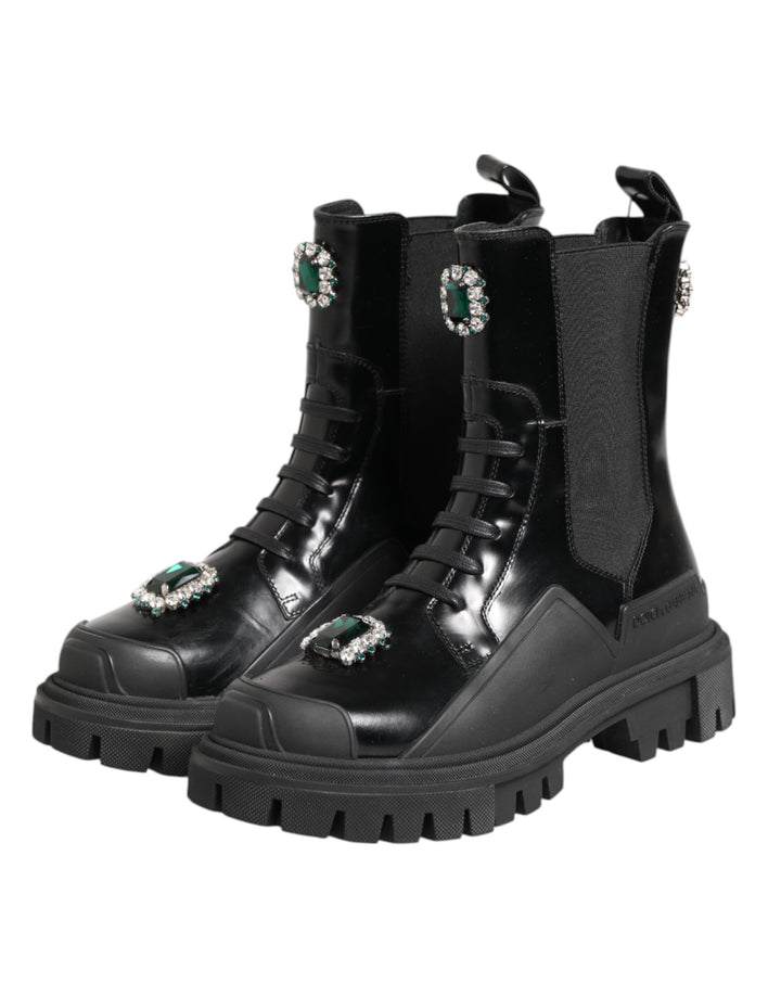 Dolce & Gabbana Black Crystal Embellished Combat Boots Shoes