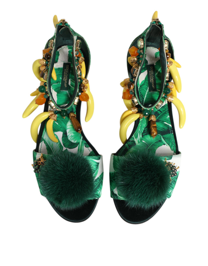 Dolce & Gabbana Green Mink Fur Satin Banana Leaf Sandals Shoes