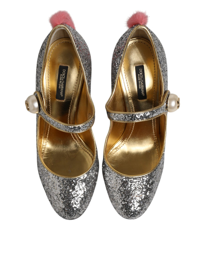 Dolce & Gabbana Silver Glitter Mink Fur VALLY Pump Shoes