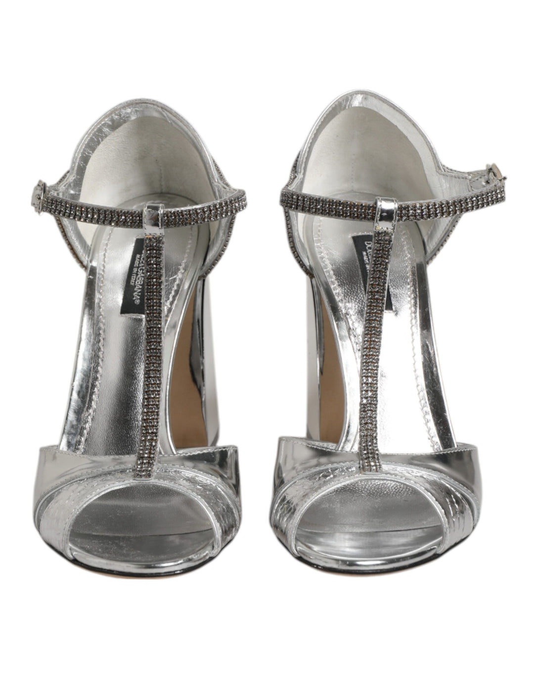 Dolce & Gabbana Silver Leather T-strap Heels Sandals Shoes