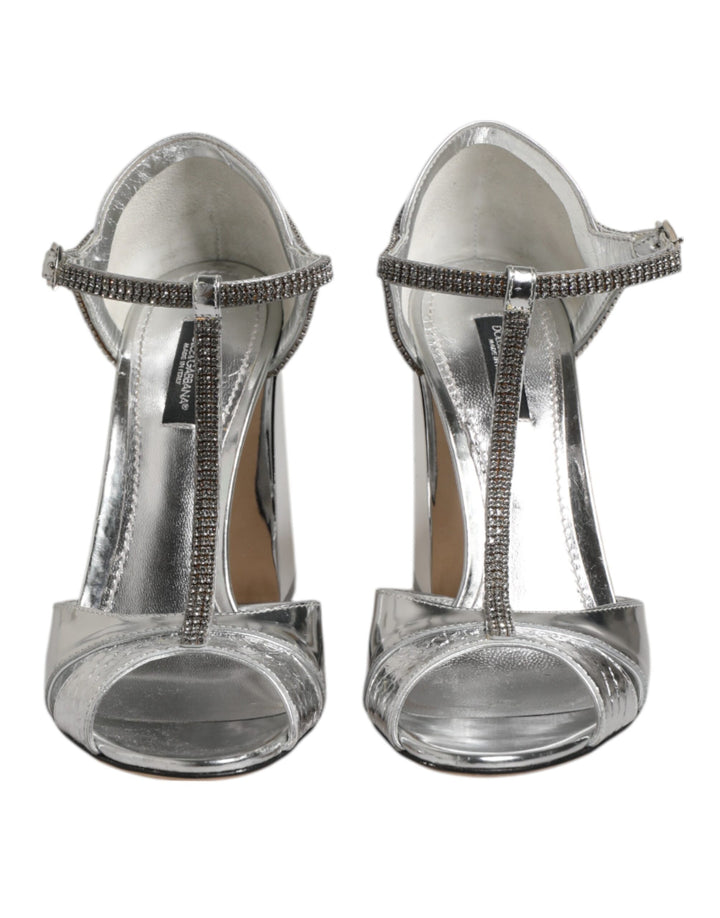 Dolce & Gabbana Silver Leather T-strap Heels Sandals Shoes