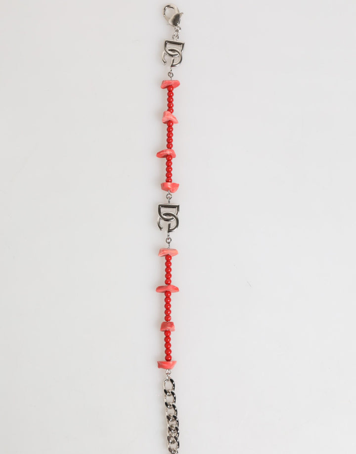 Dolce & Gabbana Silver Tone Brass Beaded Resin DG Logo Chain Men Bracelet