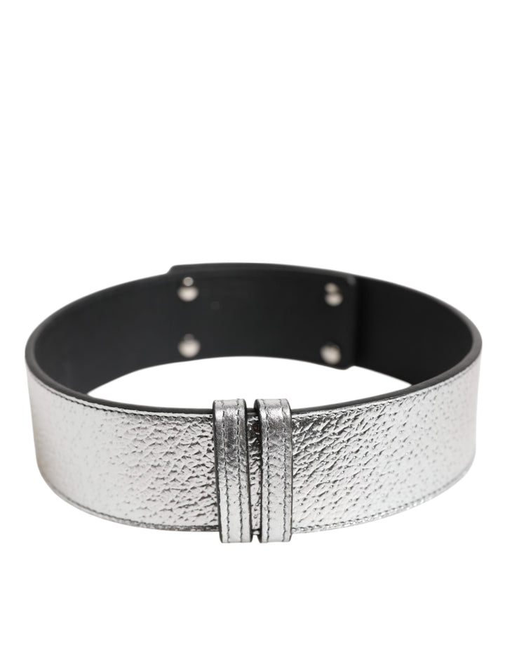 Dolce & Gabbana Silver Textured Leather Gold Tone Metal Neckband