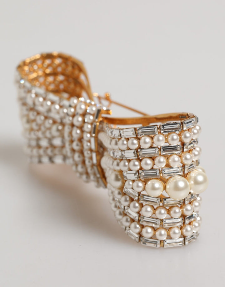 Dolce & Gabbana Gold Tone Brass Bow Crystal FauxPearl Embellished Brooch